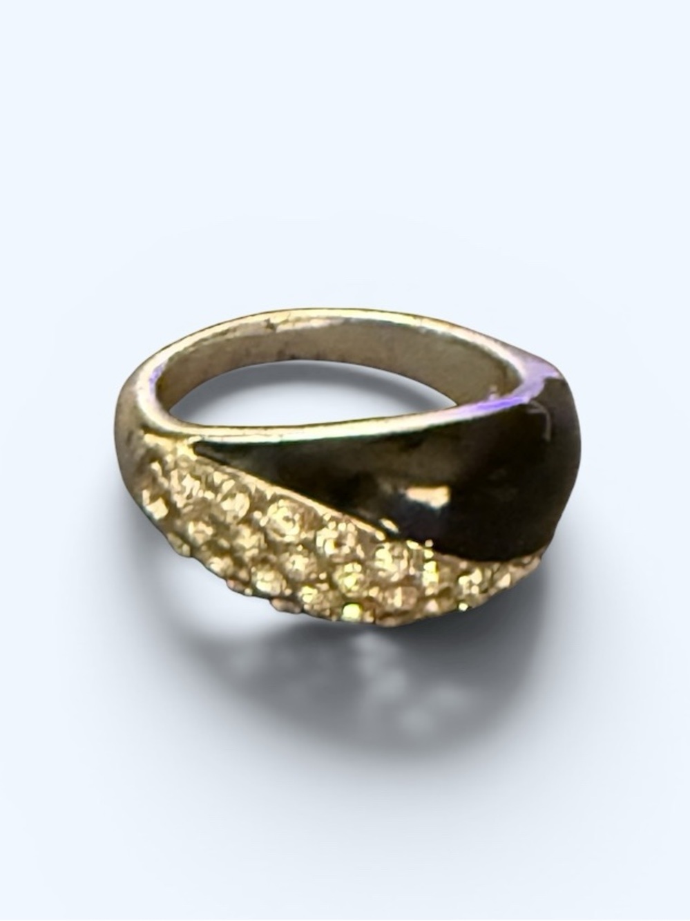 Vintage Avon NRT Black Enamel & Clear Rhinestone Pave' Ring Sz 8 Silver Tone
